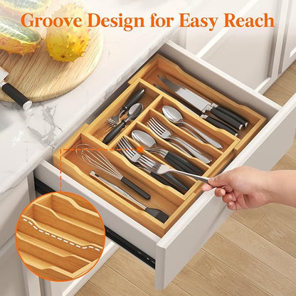 Lifewit Silverware Drawer Organizer, Expandable Utensil Tray for Kitchen, Flatware and Cutlery Holder, Wood Adjustable Storage for Spoons Forks Knives, 9.4-15.7x13", Natural
