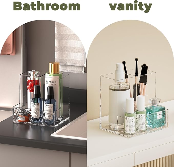 Clear Plastic Countertop Vanity Makeup Organizer, 2-Pieces Vertical Storage Organizer Set for Brushes, Eyeshadow Palettes, & Beauty Supplies