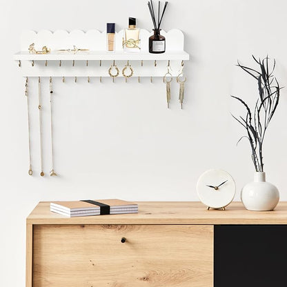 Wall Mount Jewelry Organizer with 26 Hooks and Cosmetics Shelf, Modern Wood Hanging Jewelry Holder for Necklaces, Bracelets, Earrings and Rings, White