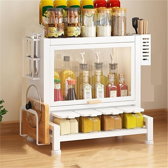 Home Furnishing Seasoning Bottle Storage Box Spice Rack Kitchen Countertop Storage Cabinet Pantry Sideboard Freestanding Counter Storage Organizer for Kitchen Living Room(White,41cm)