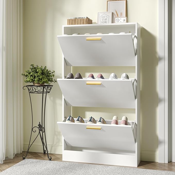 JOZZBY Shoe Storage Cabinet with 3 Flip Drawers, Freestanding Narrow Slim Shoe Organizer Cabinet Rack for Entryway Hallway, Living Room，White