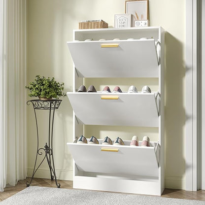 JOZZBY Shoe Storage Cabinet with 3 Flip Drawers, Freestanding Narrow Slim Shoe Organizer Cabinet Rack for Entryway Hallway, Living Room，White