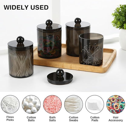 WEISHI 4 Pack Qtip Holder Dispenser - Cotton Ball, Swab, Round Pads, Floss , Small Plastic Apothecary Jar Containers with Lids for Bathroom Storage and Organization, Vanity Organizer ( Black )