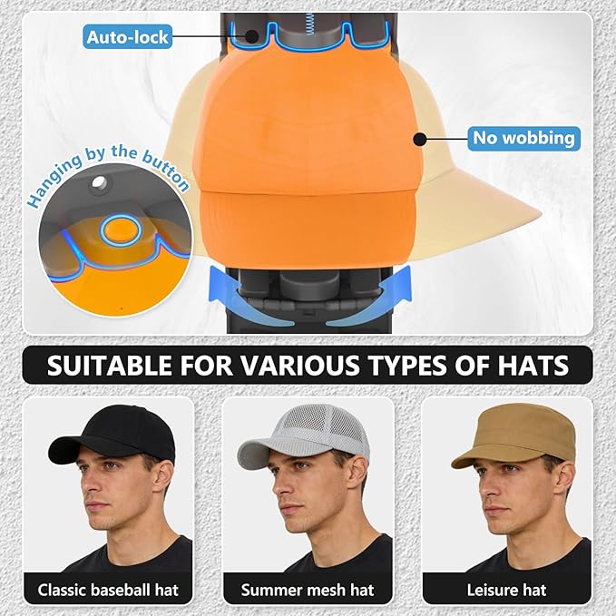 Hat Organizer for Baseball Caps with Built Spring Clips 2 Packs - Wall Mount Closet Hat Rack Holder, Storage for Wall Door/Closet Display Hat Racks Hanger (Strong Adhesive & Screws)