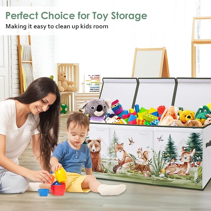 Large Toy Box Chest Organizer with Flip Lid for Kids, Collapsible Oxford Toy Storage Box with Handles for Boys Girls, Sturdy Waterproof Storage Organizer for Bedroom Playroom Nursery, 37.7×12.5×15.7''