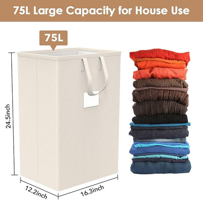 75L Large Laundry Hamper with Handles, Dirty Clothes Hamper for Bedroom Waterproof, Freestanding Tall Laundry Basket Waterproof, Hamper for Bedroom, Bathroom, Dorm, Toys Storage(Ivory）