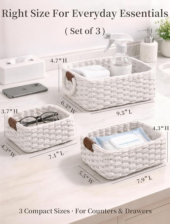 Storage Basket, Recycled Paper Rope Bathroom Basket Organizer, 3Pcs Small Baskets for Organizing, Mini wicker Basket for Decorative Storage Bins, Shelves, Bathroom, Cabinet - White