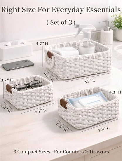 Storage Basket, Recycled Paper Rope Bathroom Basket Organizer, 3Pcs Small Baskets for Organizing, Mini wicker Basket for Decorative Storage Bins, Shelves, Bathroom, Cabinet - White