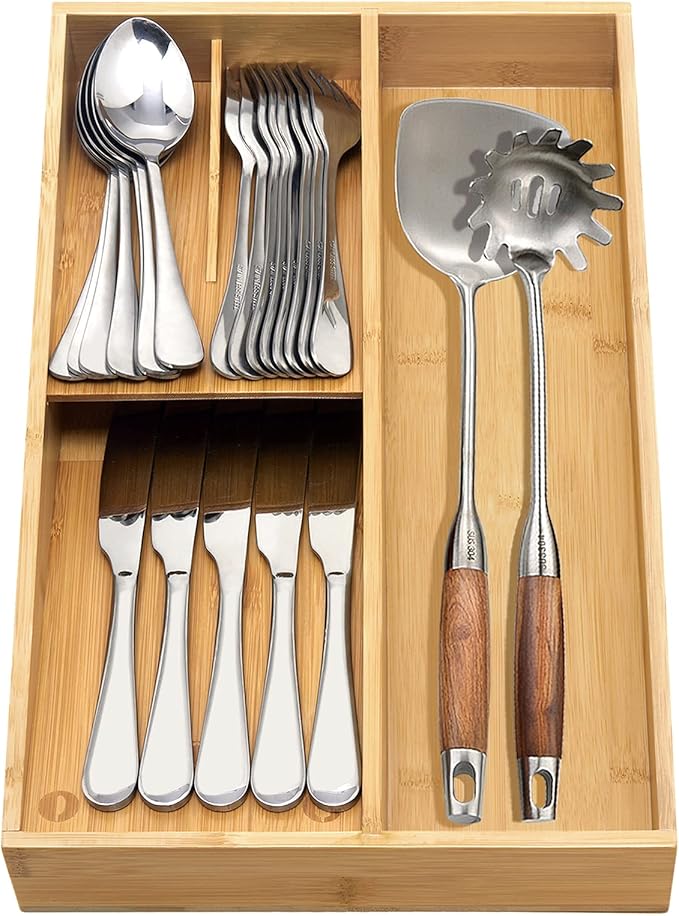 guiogc Bamboo silverware tray organizer, Utensil Holder and Cutlery Tray for Drawer, Kitchen Drawer Organizer Divider for Spoons Forks Knives