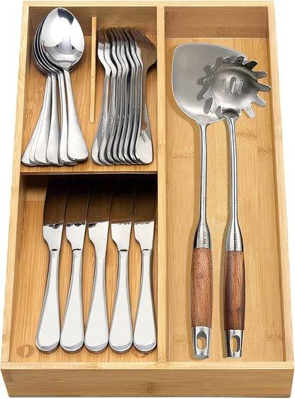 guiogc Bamboo silverware tray organizer, Utensil Holder and Cutlery Tray for Drawer, Kitchen Drawer Organizer Divider for Spoons Forks Knives