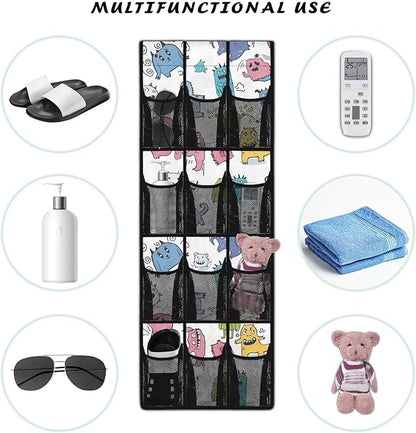 Cartoon Monster Over the Door Shoe Organizer 12 Large Mesh Pockets Sturdy Oxford Door Shoe Organizer Hanging Shoe Rack for Closet Shoe Holder