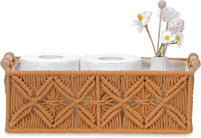 Nonam Macrame Storage Baskets, Boho Decor Style Woven Storage Boxes for Home Organization, Toilet Tank Shelf Cabinet Organizer Baskets,Set of 2,Brown