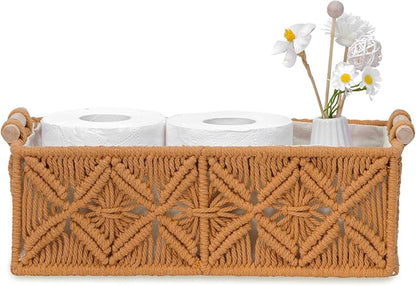 Nonam Macrame Storage Baskets, Boho Decor Style Woven Storage Boxes for Home Organization, Toilet Tank Shelf Cabinet Organizer Baskets,Set of 2,Brown