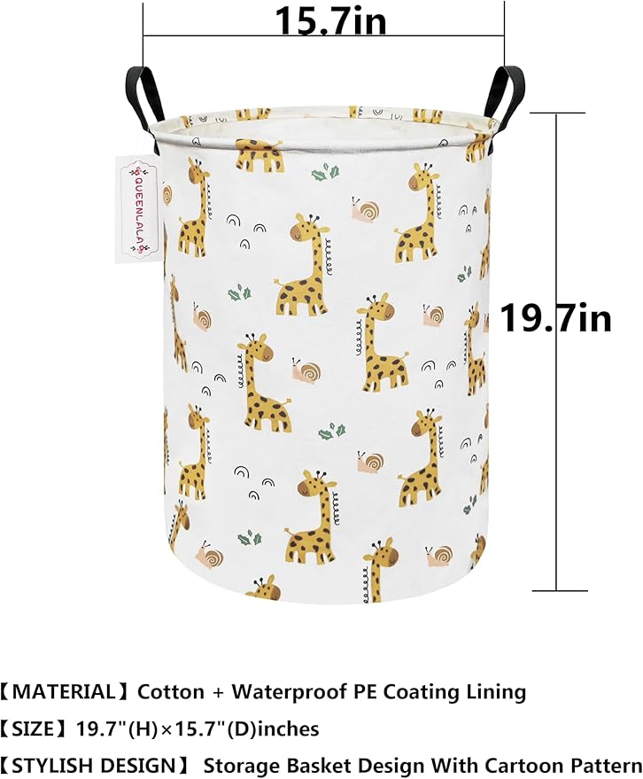 QUEENLALA Large Storage Basket,Laundry Hamper/Bathroom/Home Decor/Collapsible Round Storage Bin,Boys and Girls Hamper/Boxes/Clothing(Round-Yellow Giraffe)