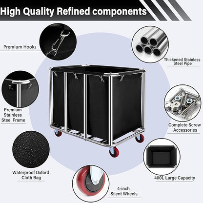 Commercial Laundry Cart with Wheels, 400L Capacity Heavy Duty Large Laundry Basket with Watertight Oxford Bag and Sturdy Steel Frame for Home, Hotel,Hospital,440 lbs(Black)