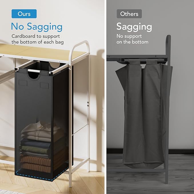 Yecaye Laundry Sorter 3 Section, Laundry Hamper with Shelf and 1 Drawer, 35.7Gal(135L) Clothes Basket Organizer, Pull-Out and Removable Oxford Fabric Laundry Bags for Laundry Room, Bedroom, Bathroom