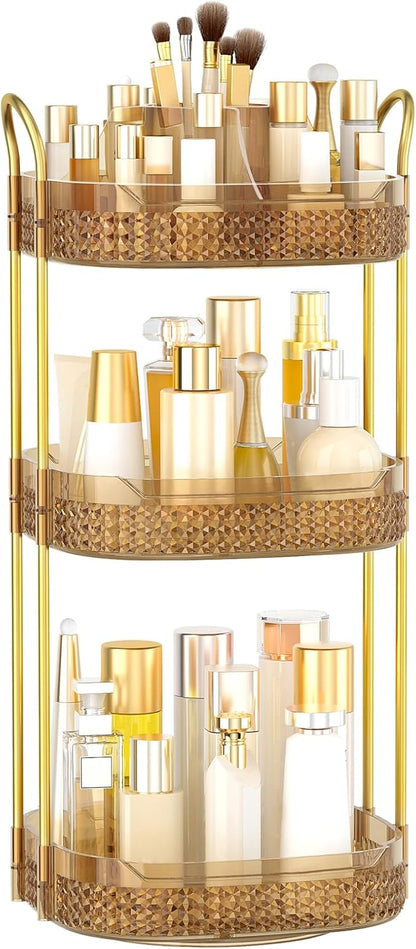 Rotating Makeup Organizer for Vanity 3 Tier, Perfume Organizer with Makeup Brush Holder, Large Capacity Cosmetics Clear Skincare Organizer for Countertop (Pink)