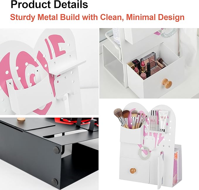 Magnetic Pegboard Organizer for Office Desk, Makeup Vanity, Stationery Storage, Gaming Desktop with 4 Metal Accessories Drawer Holder Hooks Modular - Home Decor Tabletop Display Kids Room - White