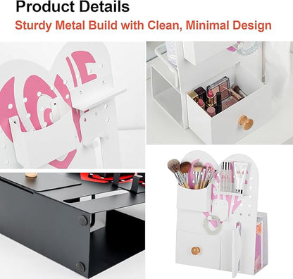 Magnetic Pegboard Organizer for Office Desk, Makeup Vanity, Stationery Storage, Gaming Desktop with 4 Metal Accessories Drawer Holder Hooks Modular - Home Decor Tabletop Display Kids Room - White