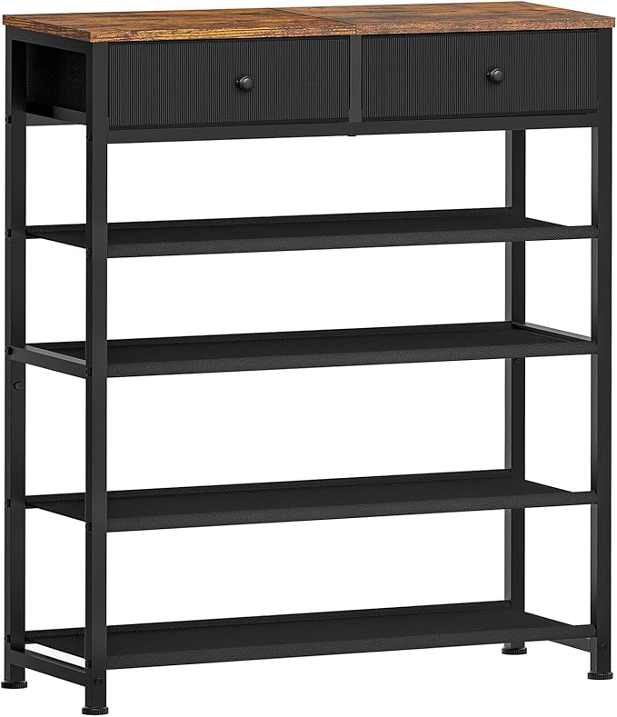 usikey Shoe Rack, 5 Tier Shoe Storage Organizer with 2 Drawers, Metal Shoe Shelf for 12-16 Pairs of Shoes, with 4 Oxford Fabric Shelves and Wooden Top, Shoe Stand for Closet Entryway, Black UNYXJX013H