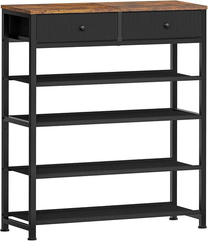 usikey Shoe Rack, 5 Tier Shoe Storage Organizer with 2 Drawers, Metal Shoe Shelf for 12-16 Pairs of Shoes, with 4 Oxford Fabric Shelves and Wooden Top, Shoe Stand for Closet Entryway, Black UNYXJX013H