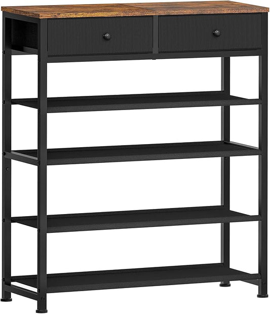 usikey Shoe Rack, 5 Tier Shoe Storage Organizer with 2 Drawers, Metal Shoe Shelf for 12-16 Pairs of Shoes, with 4 Oxford Fabric Shelves and Wooden Top, Shoe Stand for Closet Entryway, Black UNYXJX013H