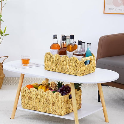 2Pack Scalloped Edge Wicker Basket,Hand-Woven Rattan Baskets with Wooden Handles,Natural Water Hyacinth Basket for Laundry,Shelves,Decorative Basket