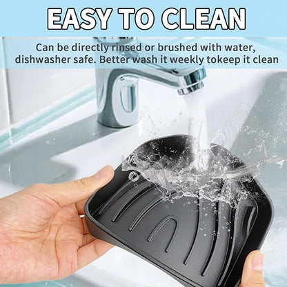 2 Pack Silicone Soap Dish with Drain, Self Draining Bar Soap Holder for Shower, Silicone Dish Soap Tray, Bathroom and Kitchen Sink Organizer, Black