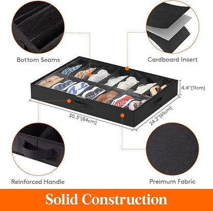 Lifewit Under Bed Shoe Storage Organizer 2 Pack(14 Shoes Cells+4 Boots Cells), 4.3 Inches Profile Fabric Shoes Container Box with Clear Cover, Foldable Storage Bag with 2 Handles, Fits 22 to 36 Pairs