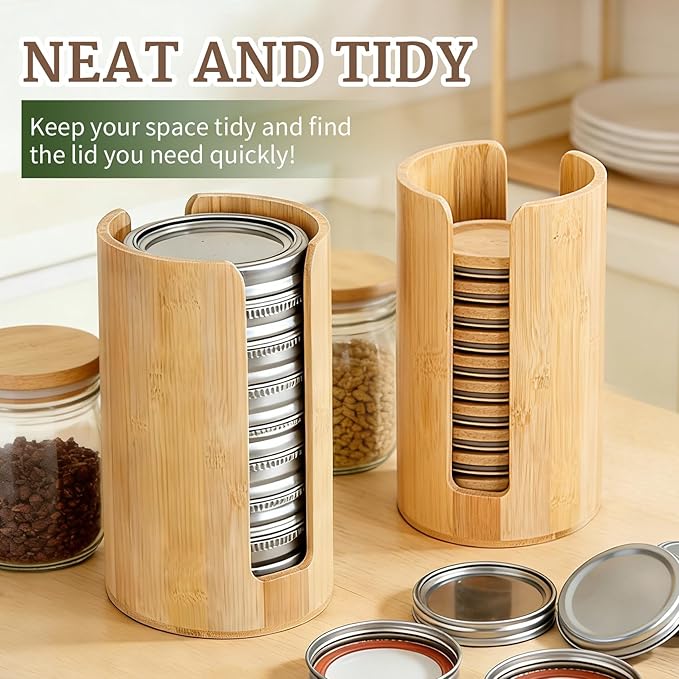 2 Pack Mason Jar Lid Organizer, Bamboo Lid Holder for Wide & Regular Mouth Canning Lids & Rings, Compact Space-Saving Rack for Kitchen Countertop & Cabinet, Holds 10–12 Lids