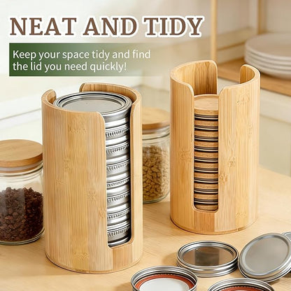 2 Pack Mason Jar Lid Organizer, Bamboo Lid Holder for Wide & Regular Mouth Canning Lids & Rings, Compact Space-Saving Rack for Kitchen Countertop & Cabinet, Holds 10–12 Lids