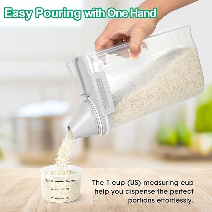 TBMax Rice Storage container 4 Lbs, Small Rice Dispenser with Measuring Cup, Grey Cereal Containers Flour Bin, Kitchen Food Storage Container and Pantry Organizers, Pet Dog Cat Food Dispenser