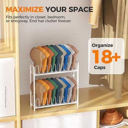 Cinati 2-Tier Hat Organizer for Baseball Caps, 18 Capacity Freestanding Baseball Cap Rack, Metal & Wood Hat Storage for Closet Entryway Bedroom, Black Cap Holder Stand, Gifts for Men Dad