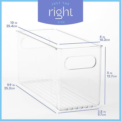 Plastic Food Storage 6 Pack Clear Container Bin with Handles for Organizing Kitchen, Pantry, Refrigerator, Freezer, Pantry, Cabinet, Closet, Bathroom. 10”x4”x5”