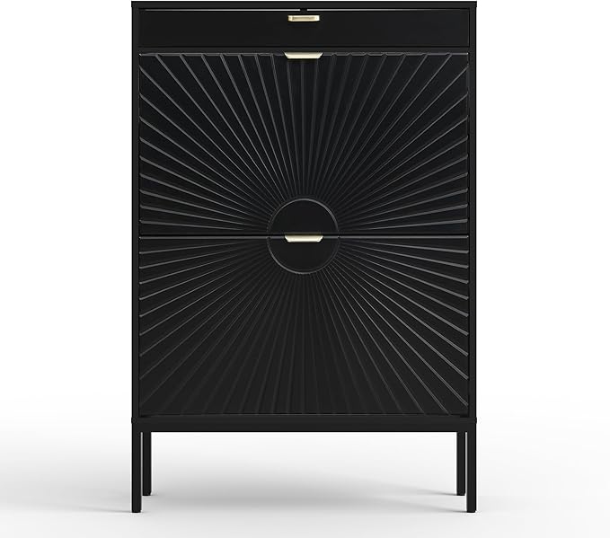 XIAO WEI Shoe Cabinet, Shoe Storage Organizer Cabinet with 2 Flip Half Moon Line Doors, Freestanding Shoe Rack with Adjustable Shelf for Entryway（Black）