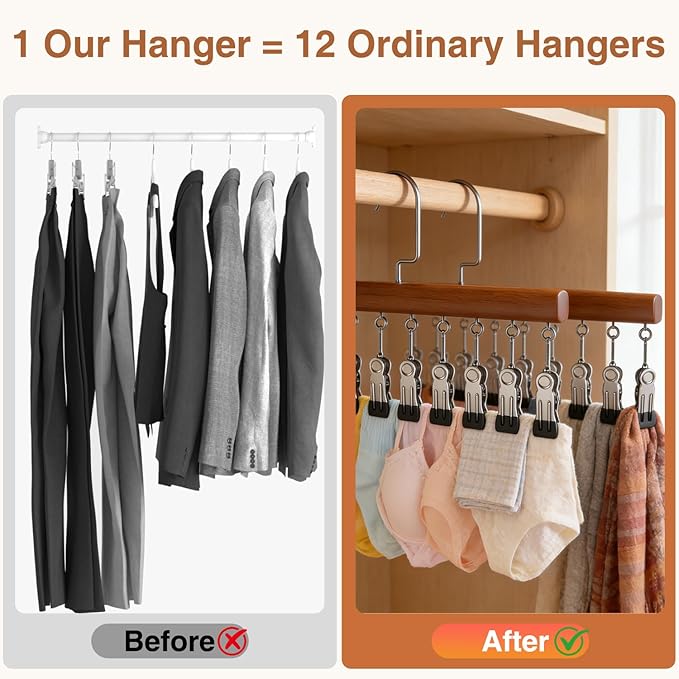 Closet Organizer with 10 Clips,Space Saving Hanging Closet Organizer,360° Rotating Metal s with Silicone Lining,Hanging Rack for Clothes, Socks, Hats (12 Clips, 2PCS)