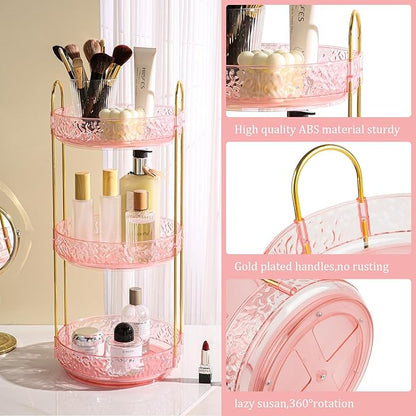 Fangoo Rotating Makeup Organizer for Vanity, 360 Spinning Cosmetic Storage, Perfume Holder for Bathroom Countertop or Dresser (Pink, 3 Tiers)