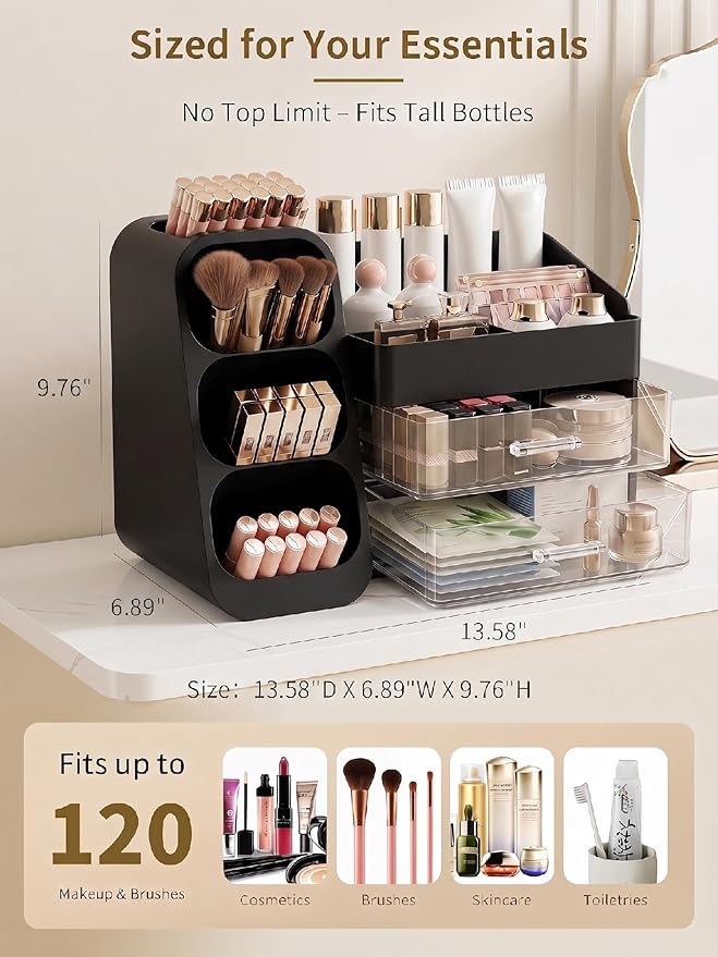 Booklov Makeup Organizer for Vanity, Large Capacity Cosmetic Display Case with Drawers, Countertop Beauty Storage Holder for Skincare, Brush Eyeliner Perfume Eyeshadow Lipsticks, Counter Desk, Black