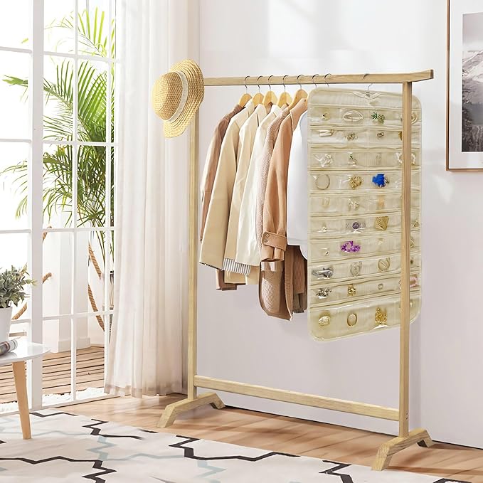 Hanging Jewelry Organizer Storage Roll with Hanger Metal Hooks Double-Sided Jewelry Holder for Necklaces, Earrings, Rings on Door, Wall, Closet, 80 Pocket Organizer,Beige