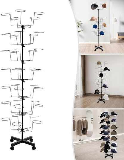 7-Tier Rotating Hat Display Rack Stand 35 Cap Holders,Metal Freestanding Hat Storage Rack,Cowboy Baseball Hat Organizer Rack with Wheels,Adjustable Height Hat Holder for Home,Retail,Clothing Store