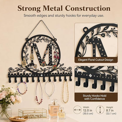 Wall-Mounted Metal Initial Letter M Earring Holder Hanging Jewelry Organizer for Earrings and Necklaces Space-Saving Wall Display with Hooks for Jewelry Storage