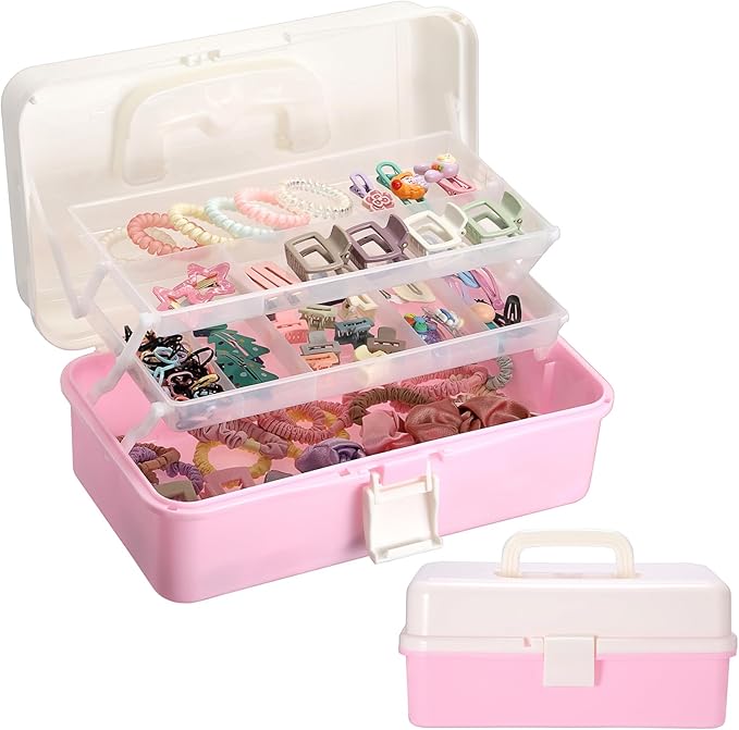 Hipiwe Plastic Hair Accessories Organizer Three-layer Folding Craft Organizer with Dividers Home Utility Case with Handle for Hair Tool Nail Art Tool Makeup, Pink