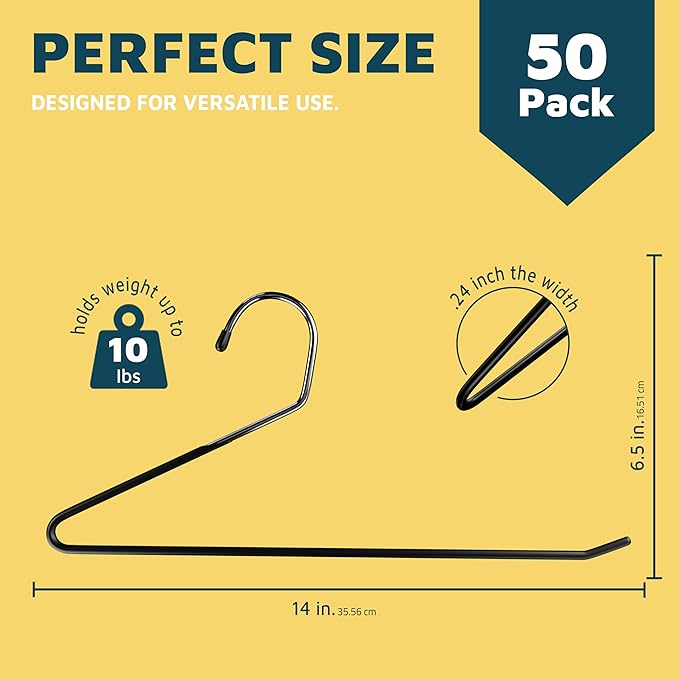 Lifemaster Metal Pants Hanger Set - 50 Pieces Elegant Non-Slip Closet Space Saving Hanger Set for Pants, Trouser, Blankets, and Jeans with Rubber Coating and Open Ended Sleek Design - Black