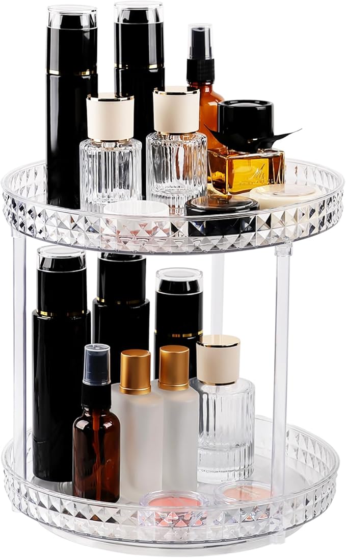 360 Clear Rotating Makeup Organize for Vanity,2 Tiers Lazy Susan with Diamond Pattern, Large-Capacity Skincare Organizers Cosmetic Display Case Organizer for Dresser (Clear White, 2Tiers)