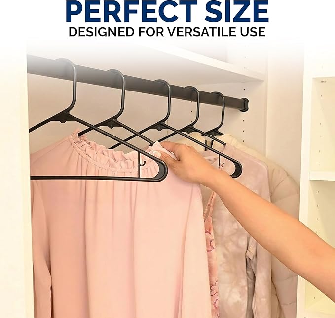 Homeselect 50 Pk Plastic Clothes Hangers Made in USA, No Shoulder Bumps, Space Saving, Hooks for Dresses and Strap, 6lb Capacity (Black)
