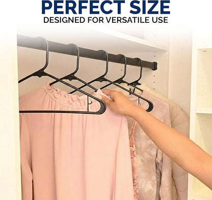 Homeselect 50 Pk Plastic Clothes Hangers Made in USA, No Shoulder Bumps, Space Saving, Hooks for Dresses and Strap, 6lb Capacity (Black)