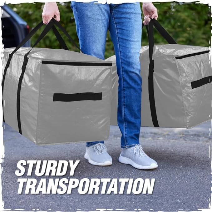 RUGGED RHINO 4 Pack Heavy Duty Extra Large Moving Bags, Durable Bag with Strong Handles and Zipper, Moving Boxes Alternative for College Packing, Holiday Décor, Space Saving Storage with Label, Silver
