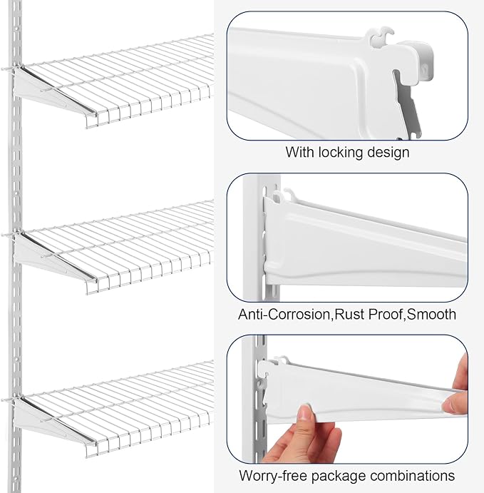 CroBlissful 47.5 Inch Twin Rail Upright Wall Shelving System with 12 Inch Locking Shelf Bracket Adjustable Closet System Heavy Duty Metal Support for Deep Wire Shelving Closet (16 Pcs)