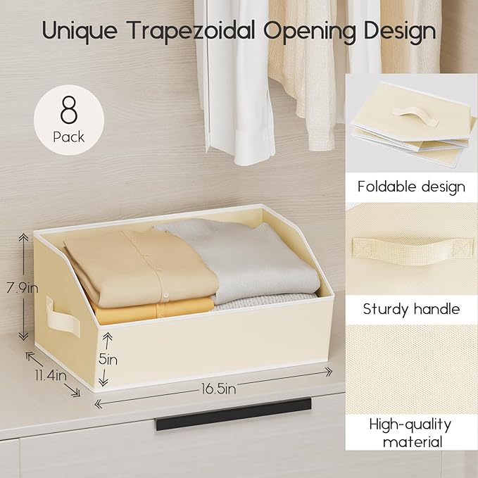 Homsorout Large Closet Organizers and Storage Bins - 8 Pack Trapezoid Storage Baskets for Shelves, Foldable Fabric Baskets with Handles Ideal for Closet, Basket, Wardrobe and Shelf Storage, Beige