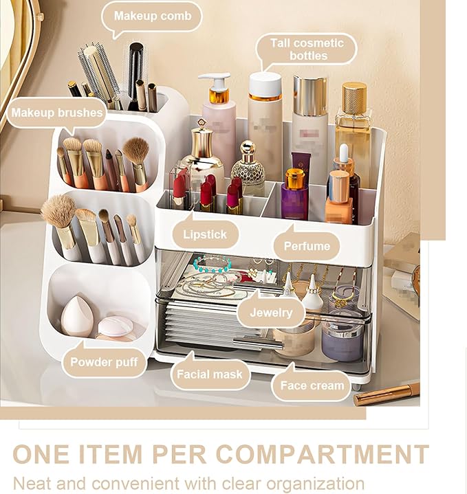 Makeup Organizer with Drawer, Skincare Products Perfume Desk Storage Box, Beauty Holder Rack for Lipstick Brush Eyeliner, Cosmetic Display Case for Dresser Countertop & Bathroom Vanity (Pink)